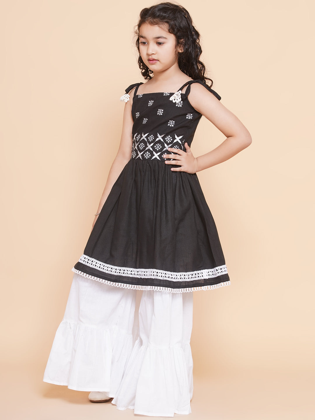 Girls Black Ethnic Motifs Embroidered Kurta With White Sharara for Kids - Bhama - Distacart