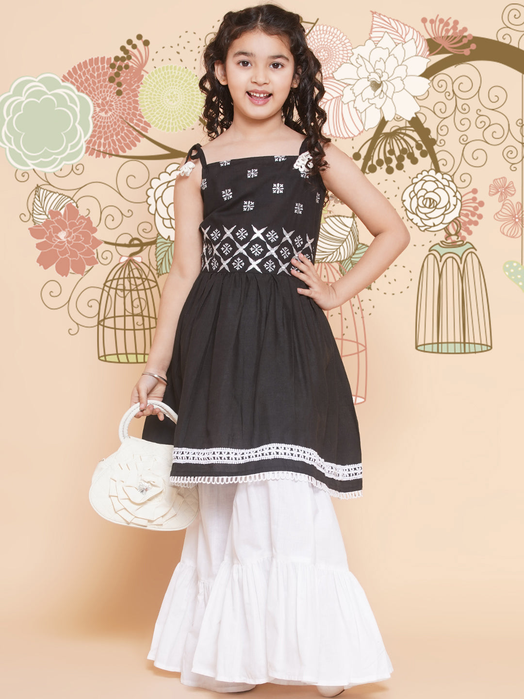 Girls Black Ethnic Motifs Embroidered Kurta With White Sharara for Kids - Bhama - Distacart