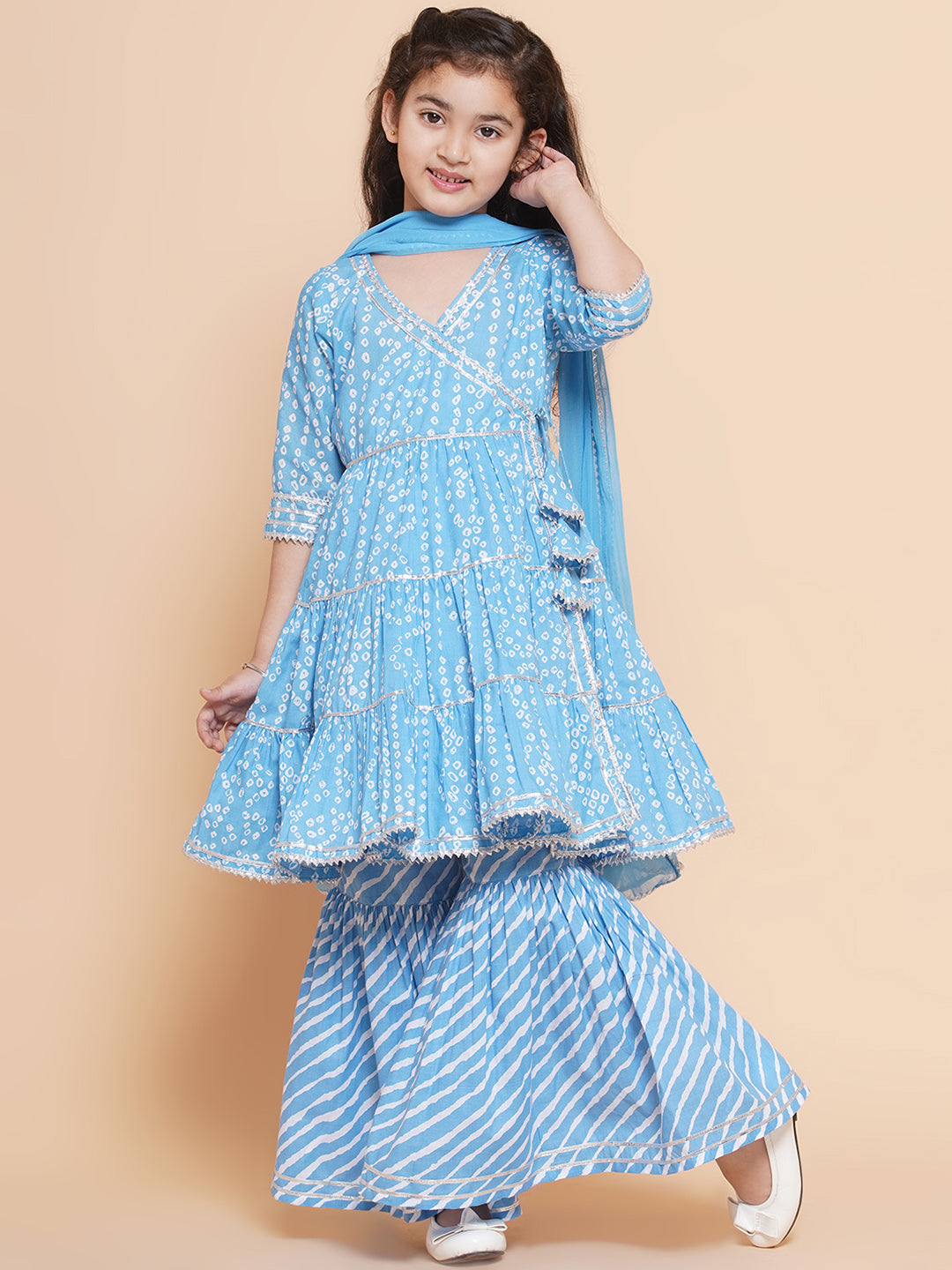 Girls blue Bandhani Printed Angrakha Gotta Patti Kurta With Sharara With Dupatta for Kids - Bhama - Distacart
