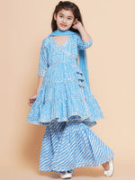Thumbnail for Girls blue Bandhani Printed Angrakha Gotta Patti Kurta With Sharara With Dupatta for Kids - Bhama - Distacart