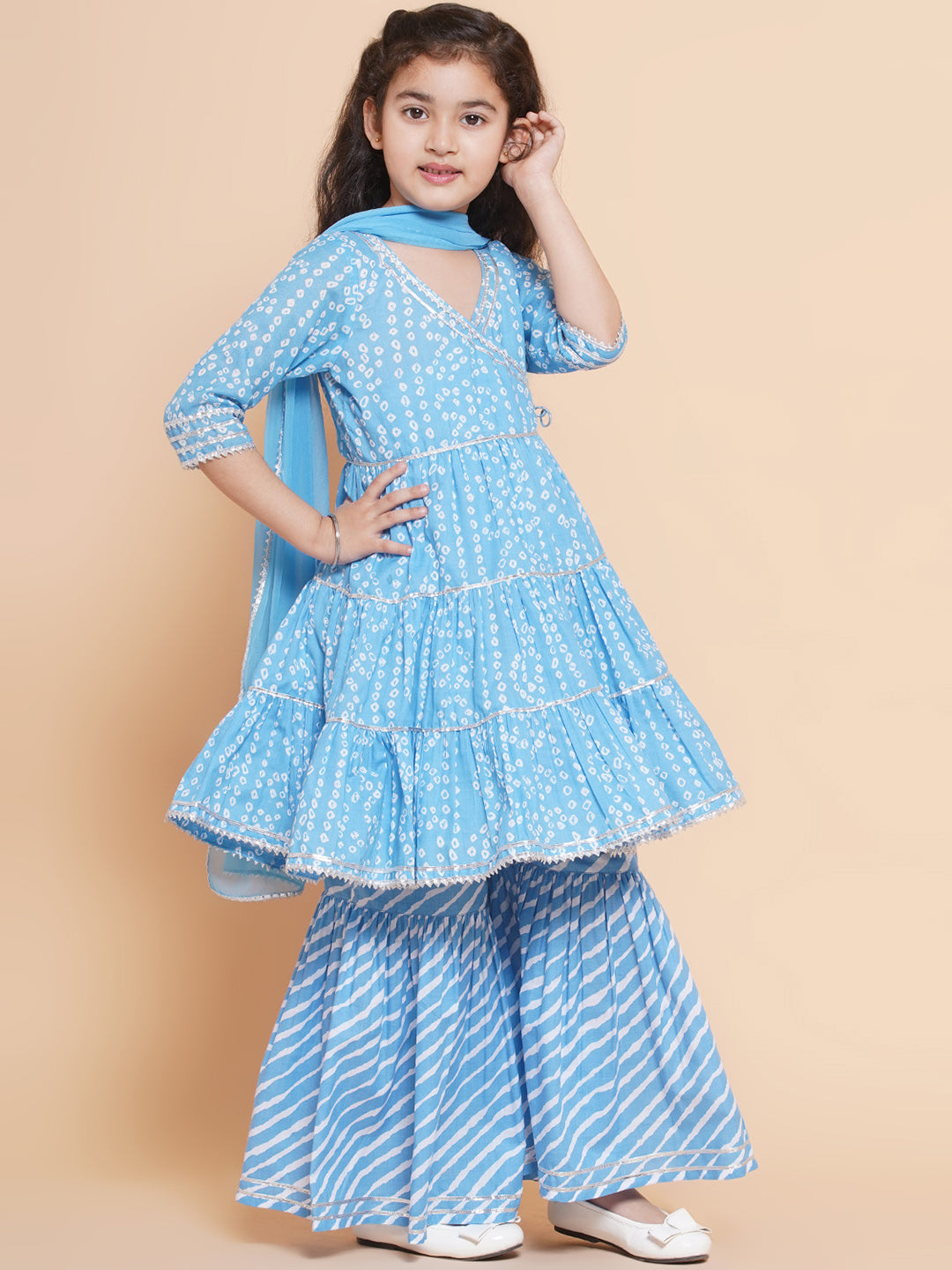 Girls blue Bandhani Printed Angrakha Gotta Patti Kurta With Sharara With Dupatta for Kids - Bhama - Distacart