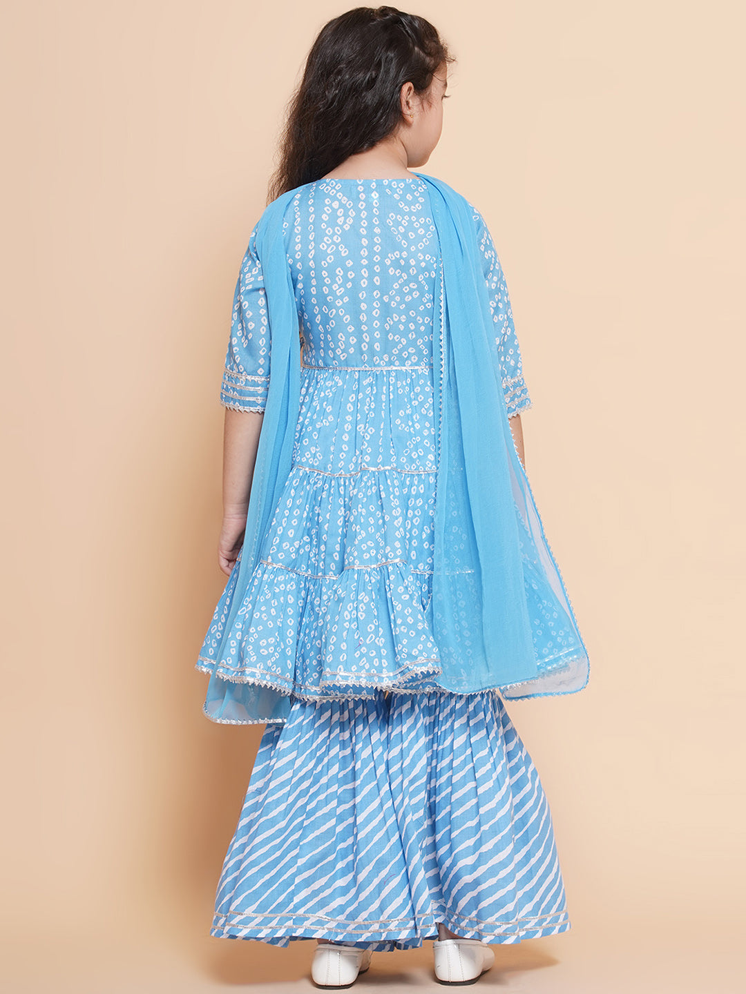 Girls blue Bandhani Printed Angrakha Gotta Patti Kurta With Sharara With Dupatta for Kids - Bhama - Distacart