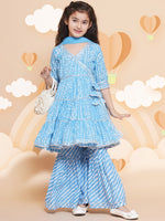 Thumbnail for Girls blue Bandhani Printed Angrakha Gotta Patti Kurta With Sharara With Dupatta for Kids - Bhama - Distacart