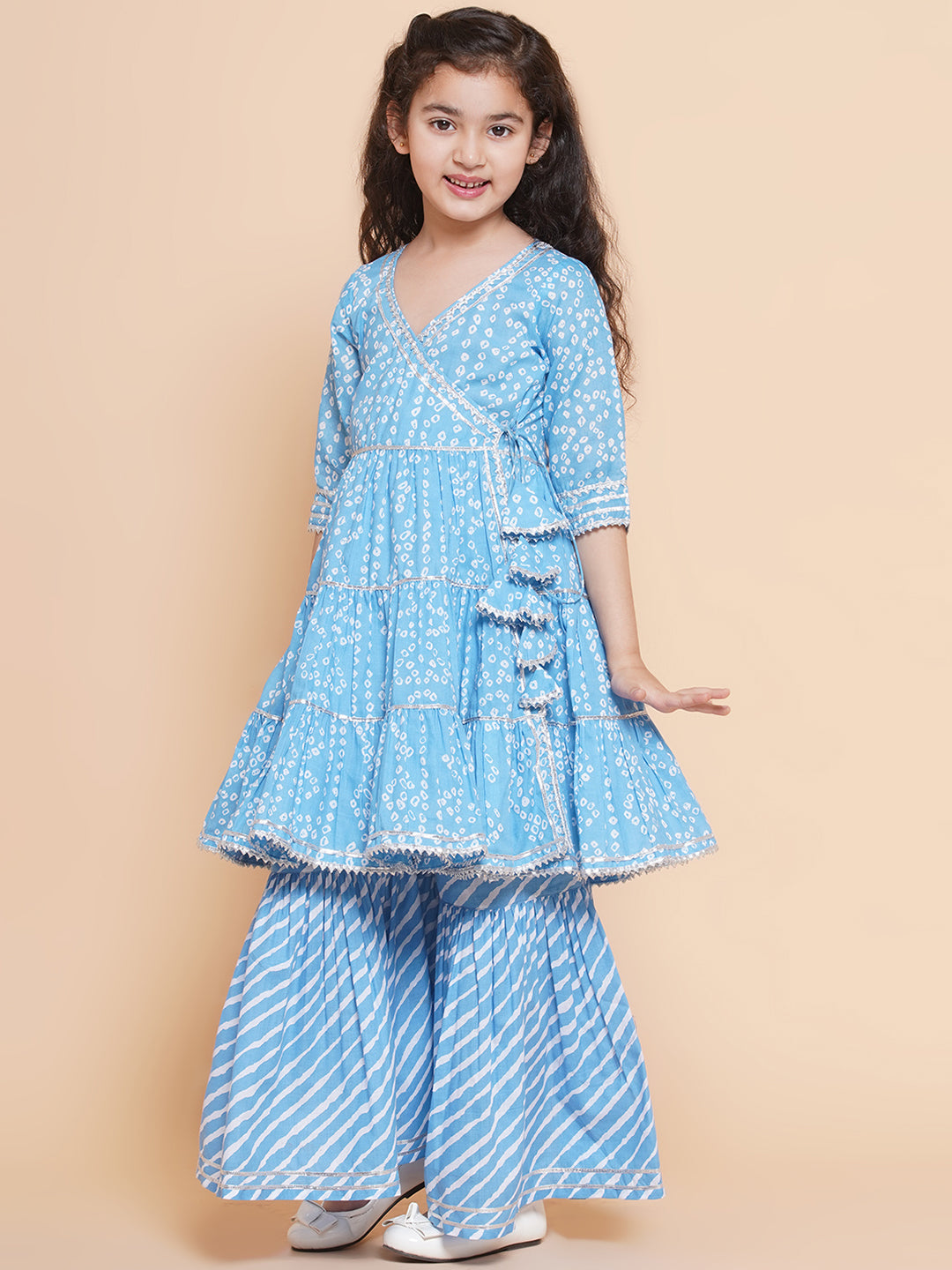 Girls blue Bandhani Printed Angrakha Gotta Patti Kurta With Sharara With Dupatta for Kids - Bhama - Distacart