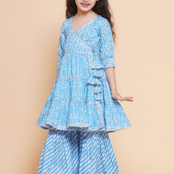 Girls blue Bandhani Printed Angrakha Gotta Patti Kurta With Sharara With Dupatta for Kids - Bhama - Distacart