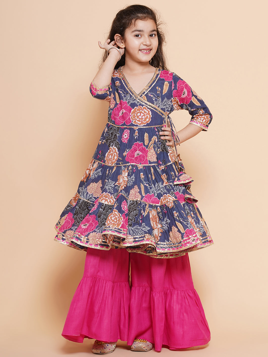 Girls pink Floral Printed Angrakha Gotta Patti Kurta With Sharara for Kids - Bhama - Distacart