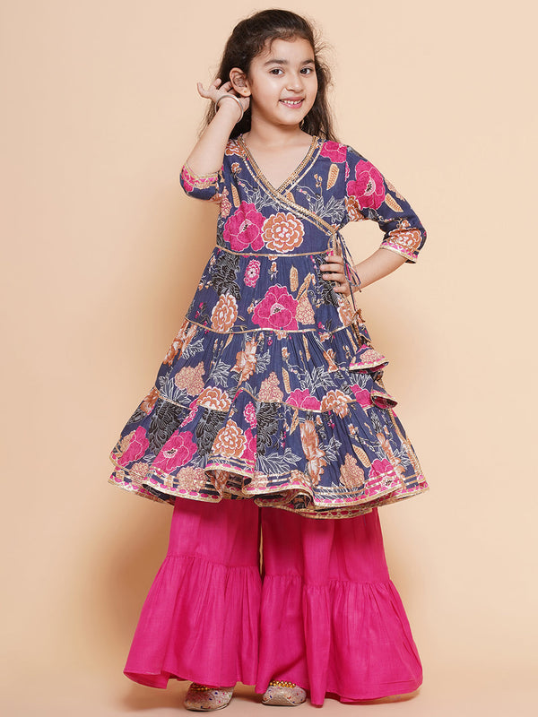 Girls pink Floral Printed Angrakha Gotta Patti Kurta With Sharara for Kids - Bhama - Distacart