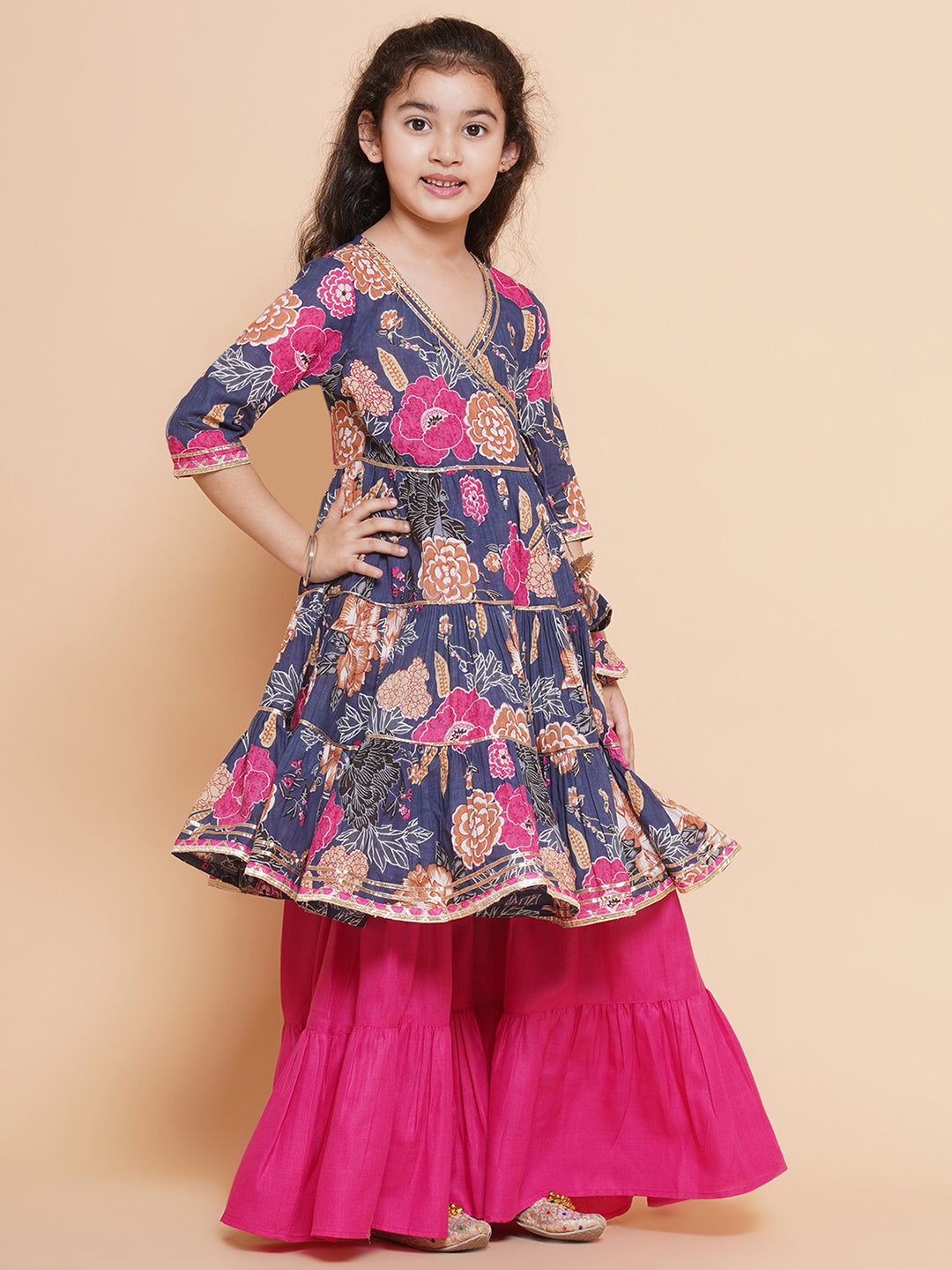 Girls pink Floral Printed Angrakha Gotta Patti Kurta With Sharara for Kids - Bhama - Distacart