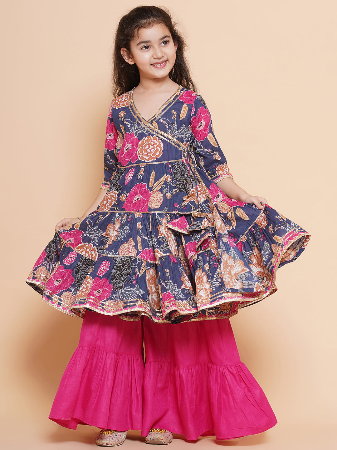 Girls pink Floral Printed Angrakha Gotta Patti Kurta With Sharara for Kids - Bhama - Distacart