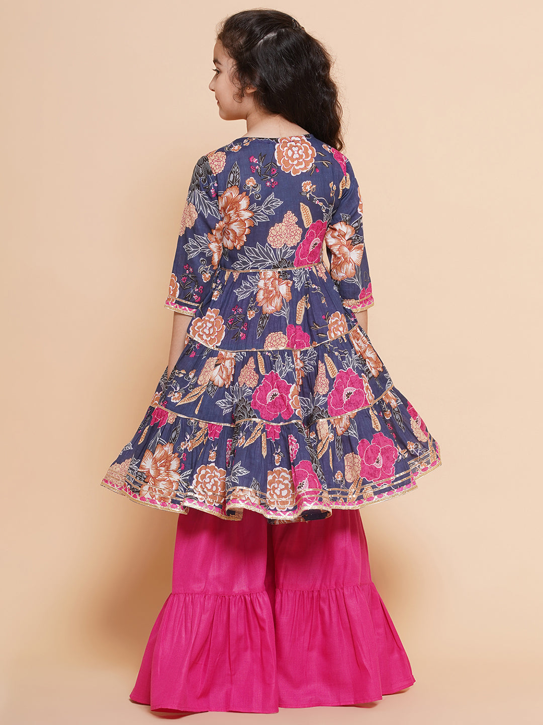 Girls pink Floral Printed Angrakha Gotta Patti Kurta With Sharara for Kids - Bhama - Distacart