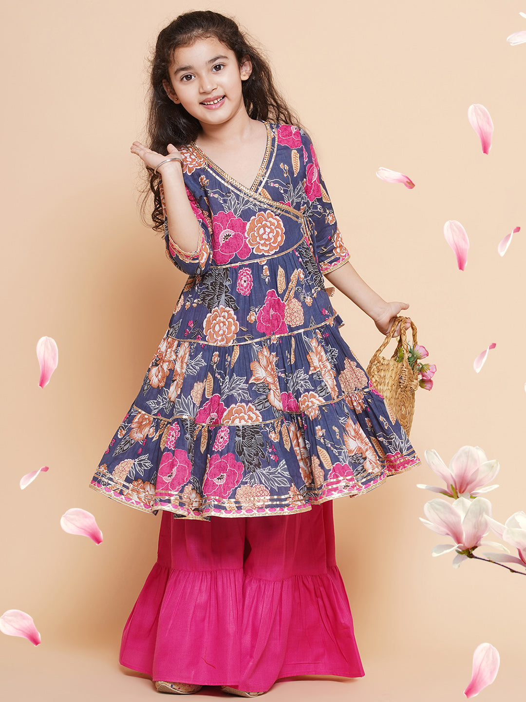Girls pink Floral Printed Angrakha Gotta Patti Kurta With Sharara for Kids - Bhama - Distacart