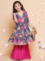 Thumbnail for Girls pink Floral Printed Angrakha Gotta Patti Kurta With Sharara for Kids - Bhama - Distacart