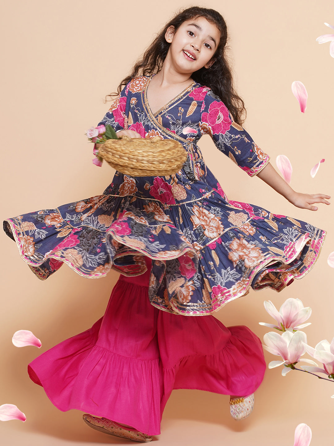 Girls pink Floral Printed Angrakha Gotta Patti Kurta With Sharara for Kids - Bhama - Distacart