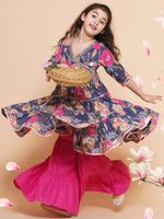 Thumbnail for Girls pink Floral Printed Angrakha Gotta Patti Kurta With Sharara for Kids - Bhama - Distacart