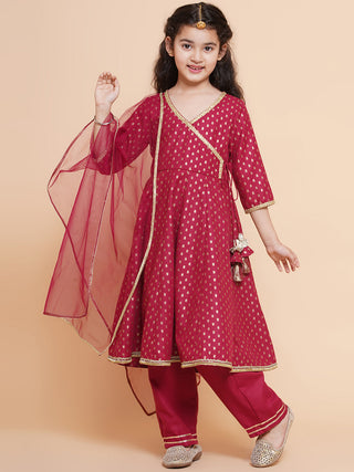 Girls Maroon Ethnic Motifs Printed Angrakha Cotton Kurta With Trouser & Dupatta for Kids - Bhama - Distacart