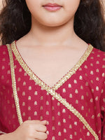 Thumbnail for Girls Maroon Ethnic Motifs Printed Angrakha Cotton Kurta With Trouser & Dupatta for Kids - Bhama - Distacart
