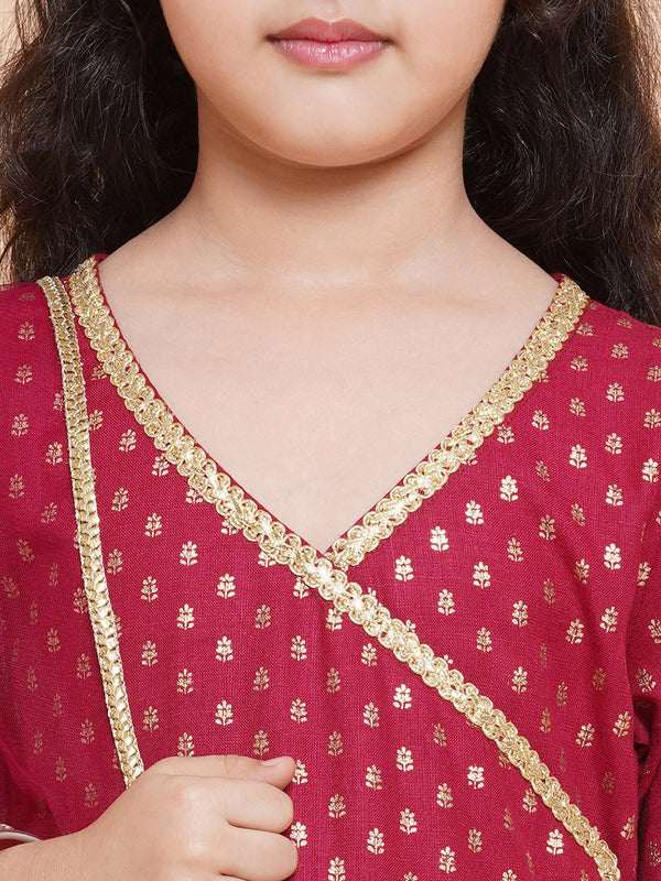 Girls Maroon Ethnic Motifs Printed Angrakha Cotton Kurta With Trouser & Dupatta for Kids - Bhama - Distacart
