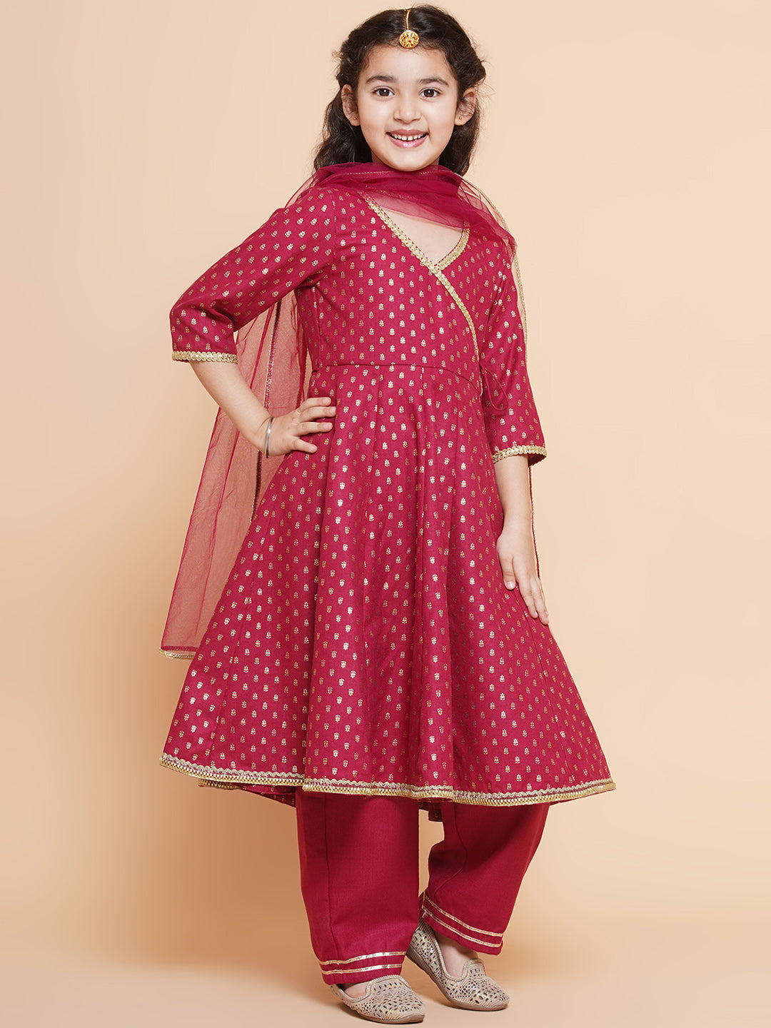 Girls Maroon Ethnic Motifs Printed Angrakha Cotton Kurta With Trouser & Dupatta for Kids - Bhama - Distacart
