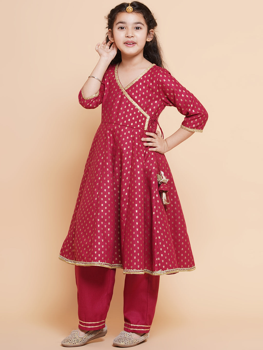 Girls Maroon Ethnic Motifs Printed Angrakha Cotton Kurta With Trouser & Dupatta for Kids - Bhama - Distacart