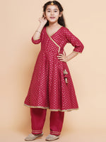 Thumbnail for Girls Maroon Ethnic Motifs Printed Angrakha Cotton Kurta With Trouser & Dupatta for Kids - Bhama - Distacart