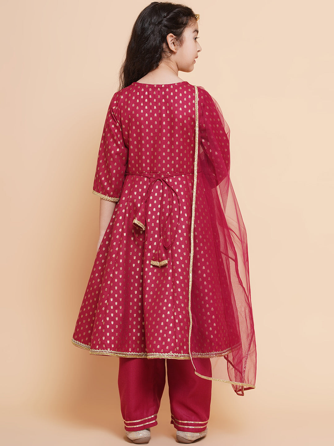 Girls Maroon Ethnic Motifs Printed Angrakha Cotton Kurta With Trouser & Dupatta for Kids - Bhama - Distacart