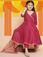 Thumbnail for Girls Maroon Ethnic Motifs Printed Angrakha Cotton Kurta With Trouser & Dupatta for Kids - Bhama - Distacart