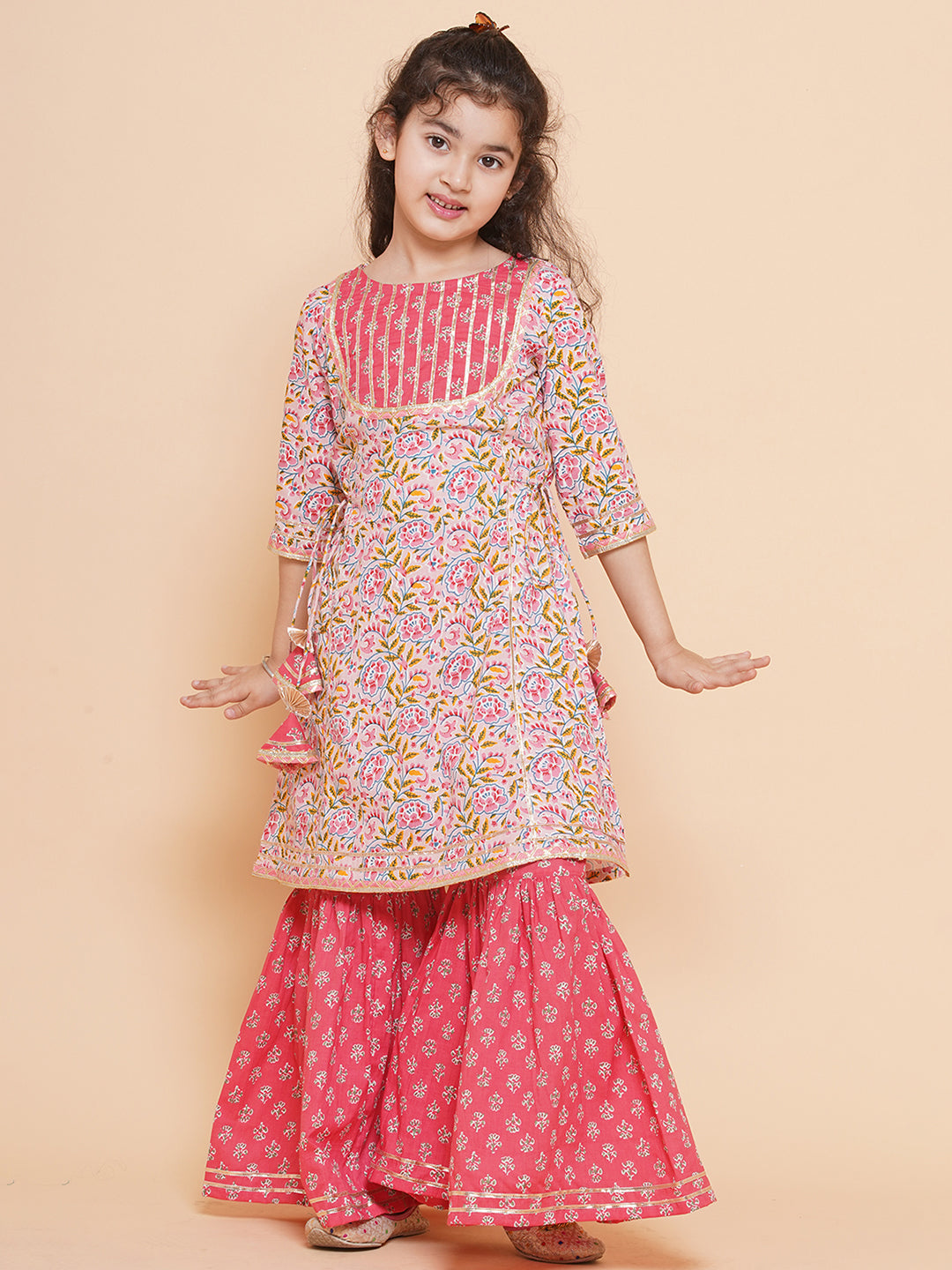Girls Floral Printed Cotton Kurta with Sharara for Kids - Bhama - Distacart