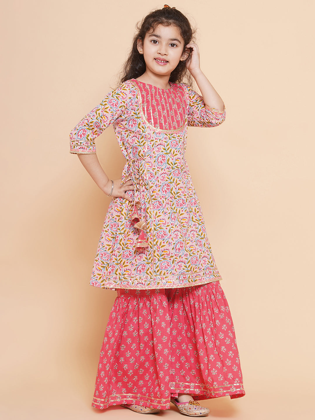 Girls Floral Printed Cotton Kurta with Sharara for Kids - Bhama - Distacart