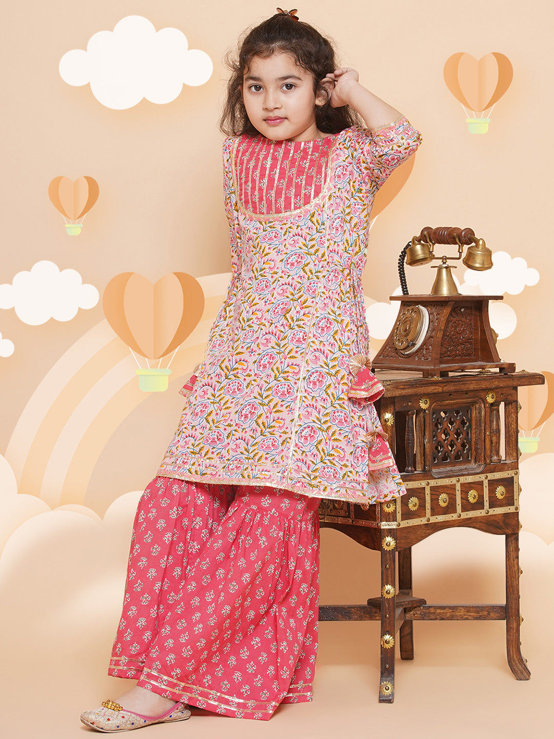 Girls Floral Printed Cotton Kurta with Sharara for Kids - Bhama - Distacart