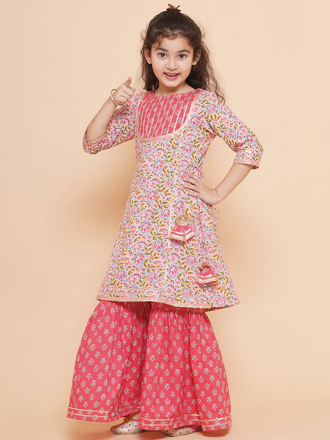 Girls Floral Printed Cotton Kurta with Sharara for Kids - Bhama - Distacart