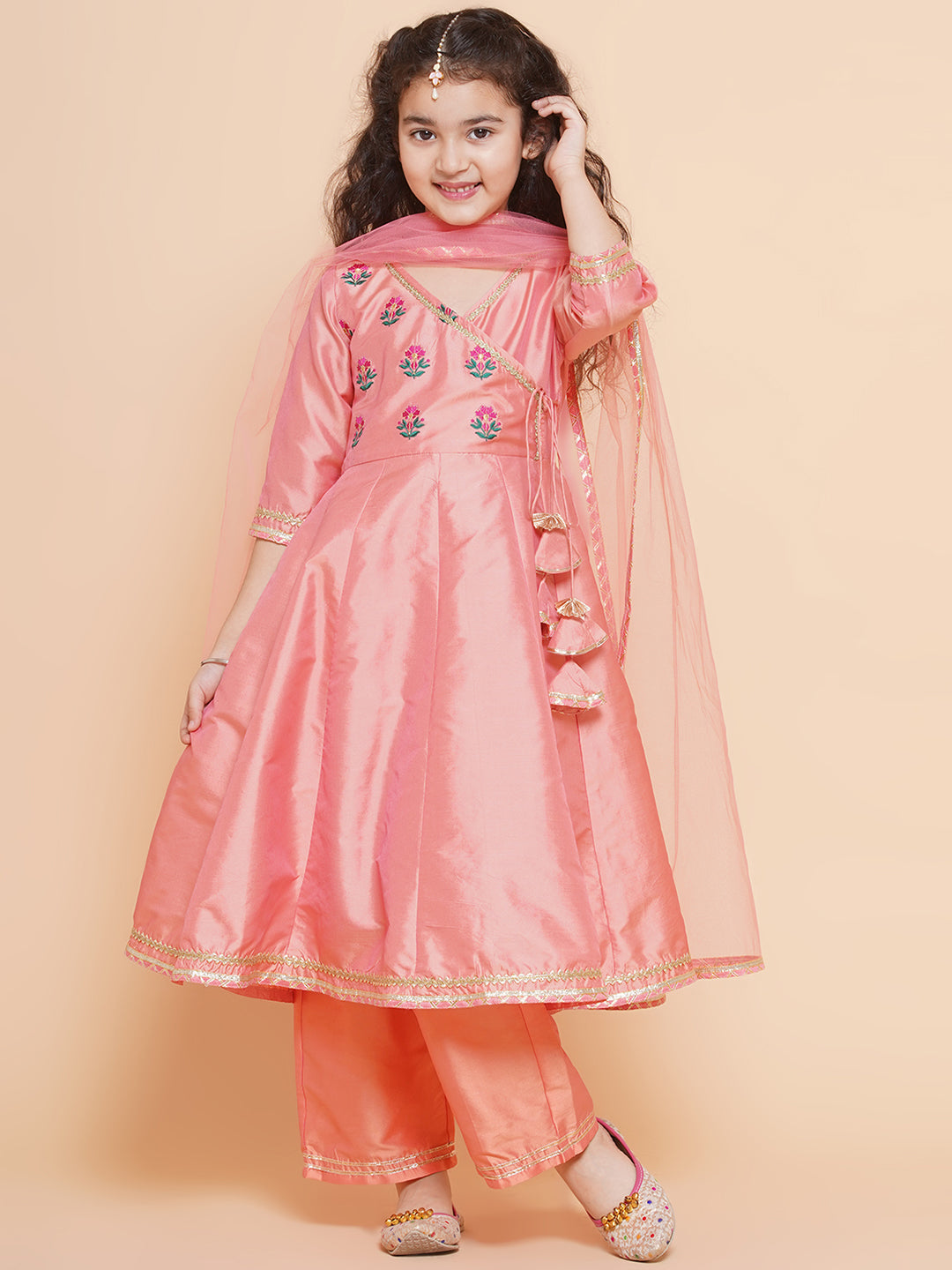 Girls Embroidered Angrakha Kurta with Trousers & Dupatta for Kids - Bhama - Distacart