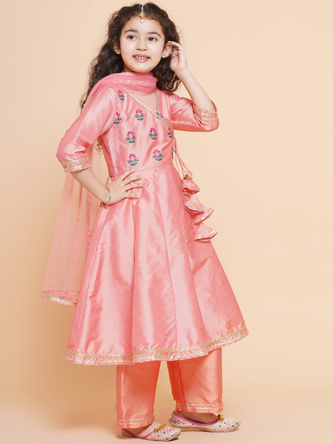 Girls Embroidered Angrakha Kurta with Trousers & Dupatta for Kids - Bhama - Distacart