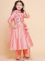 Thumbnail for Girls Embroidered Angrakha Kurta with Trousers & Dupatta for Kids - Bhama - Distacart