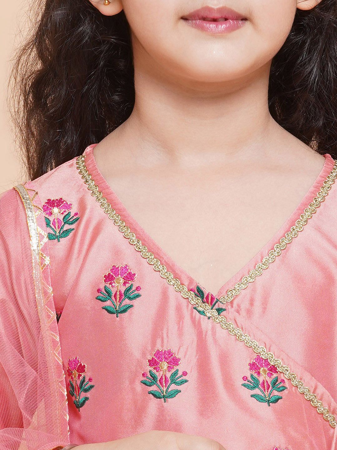 Girls Embroidered Angrakha Kurta with Trousers & Dupatta for Kids - Bhama - Distacart