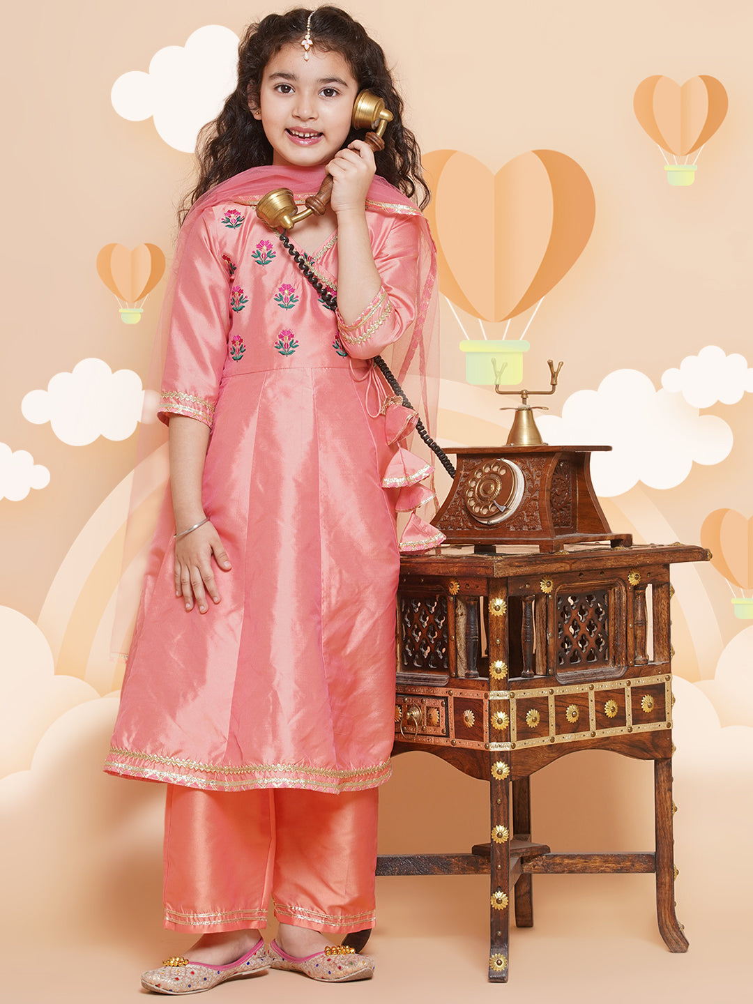 Girls Embroidered Angrakha Kurta with Trousers & Dupatta for Kids - Bhama - Distacart