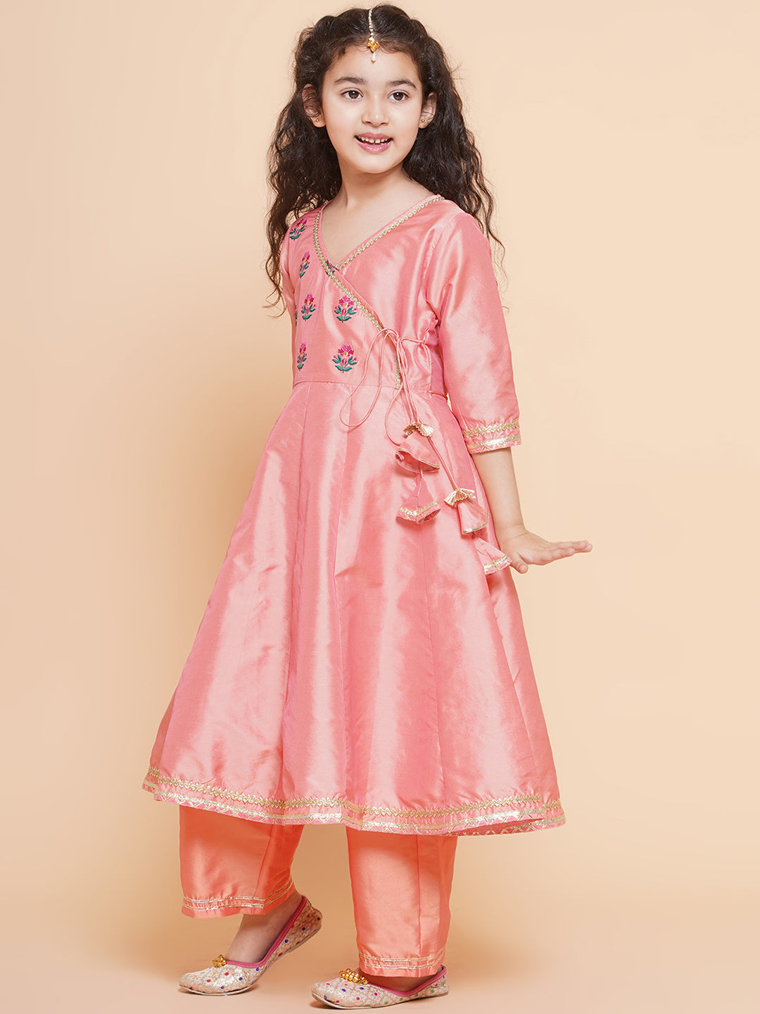 Girls Embroidered Angrakha Kurta with Trousers & Dupatta for Kids - Bhama - Distacart