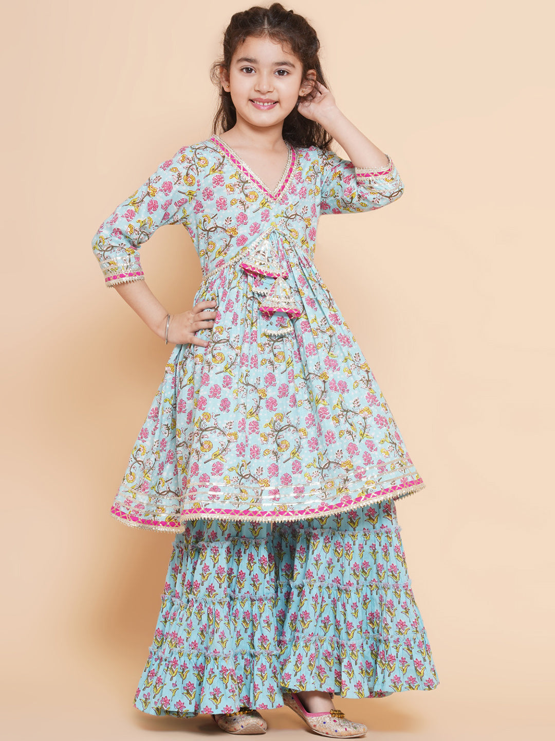 Girls Blue Printed V- Neck Kurta with Sharara for Kids - Bhama - Distacart