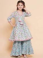 Thumbnail for Girls Blue Printed V- Neck Kurta with Sharara for Kids - Bhama - Distacart