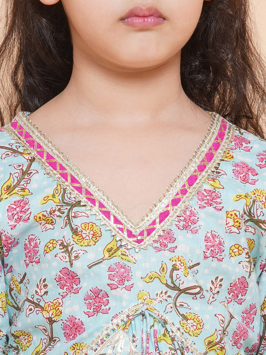 Girls Blue Printed V- Neck Kurta with Sharara for Kids - Bhama - Distacart