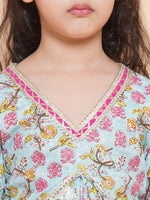 Thumbnail for Girls Blue Printed V- Neck Kurta with Sharara for Kids - Bhama - Distacart