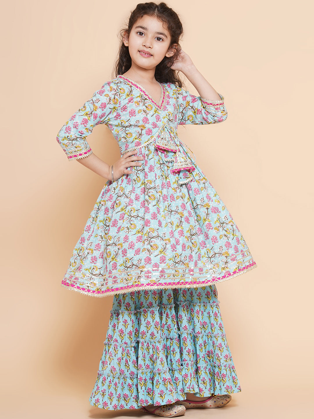 Girls Blue Printed V- Neck Kurta with Sharara for Kids - Bhama - Distacart
