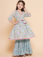 Thumbnail for Girls Blue Printed V- Neck Kurta with Sharara for Kids - Bhama - Distacart