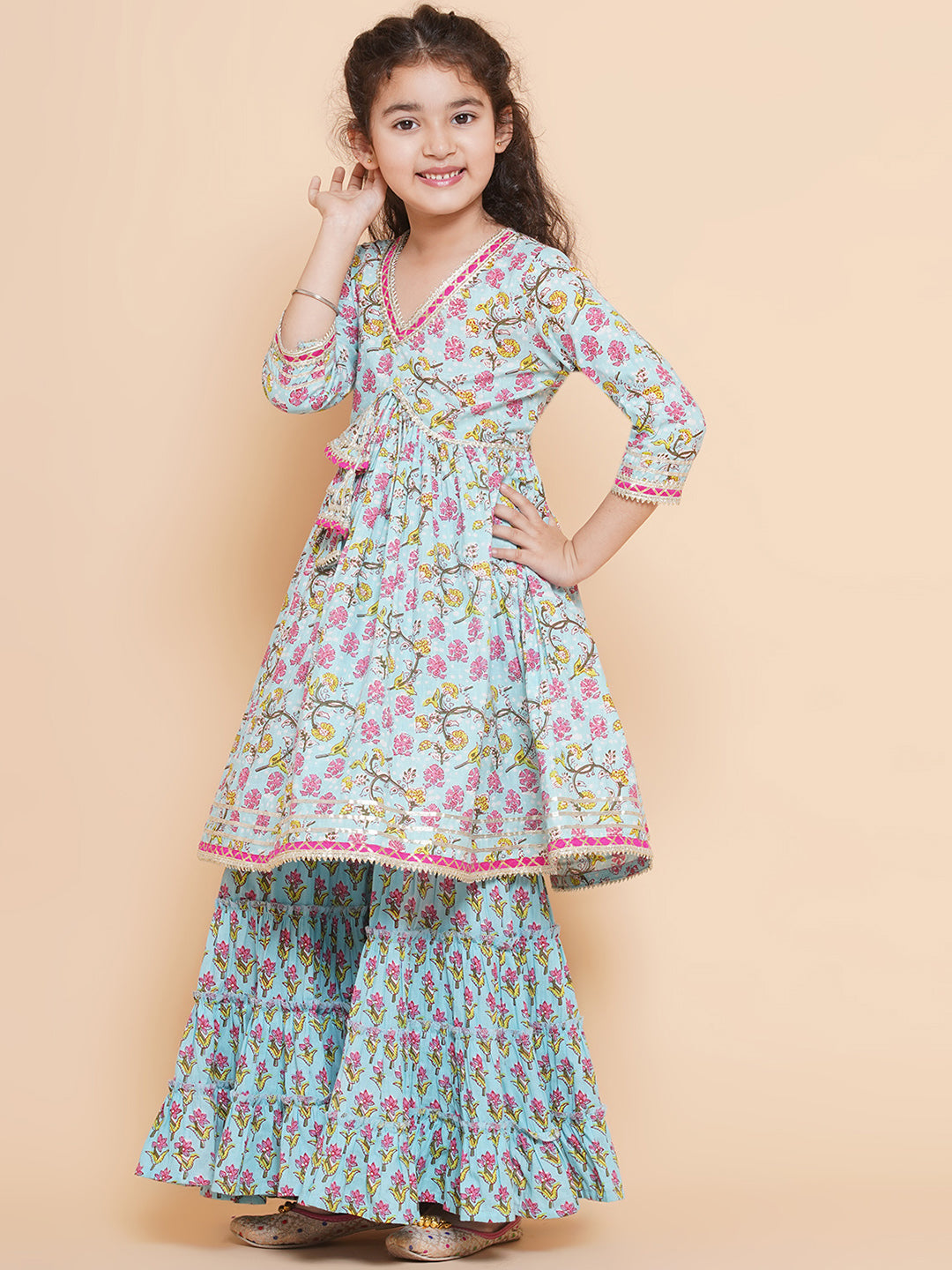 Girls Blue Printed V- Neck Kurta with Sharara for Kids - Bhama - Distacart