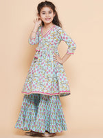 Thumbnail for Girls Blue Printed V- Neck Kurta with Sharara for Kids - Bhama - Distacart