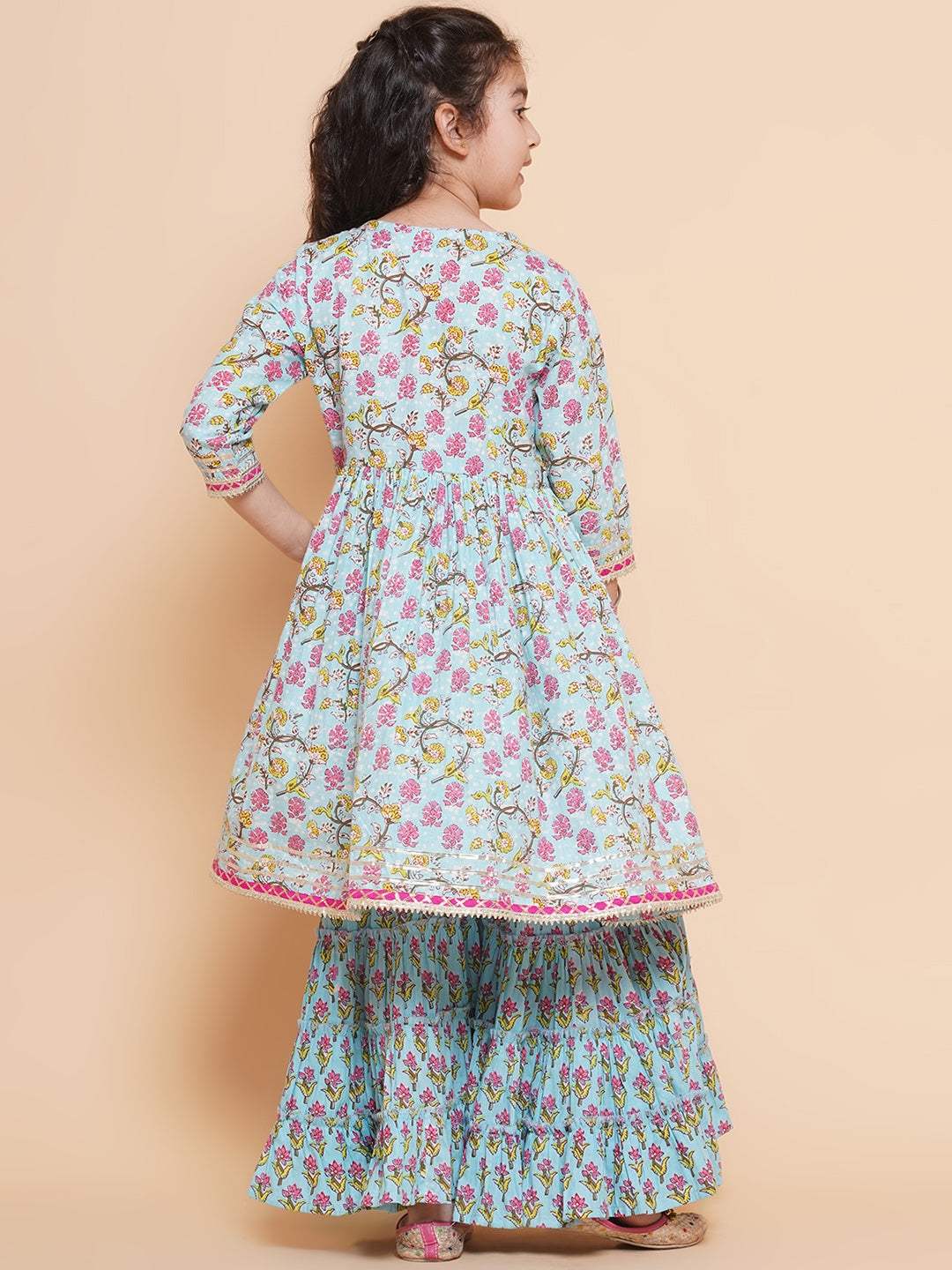 Girls Blue Printed V- Neck Kurta with Sharara for Kids - Bhama - Distacart