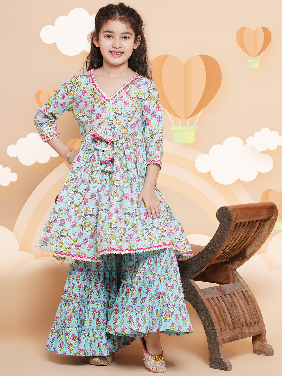 Girls Blue Printed V- Neck Kurta with Sharara for Kids - Bhama - Distacart
