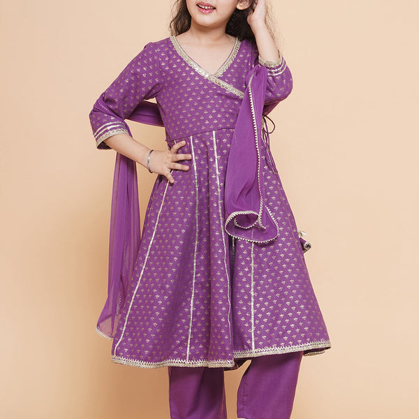 Girls Purple Ethnic Motifs foil Printed Angrakha Kurta with Trouser & Dupatta for Kids - Bhama - Distacart