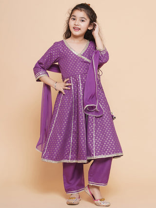 Girls Purple Ethnic Motifs foil Printed Angrakha Kurta with Trouser & Dupatta for Kids - Bhama - Distacart