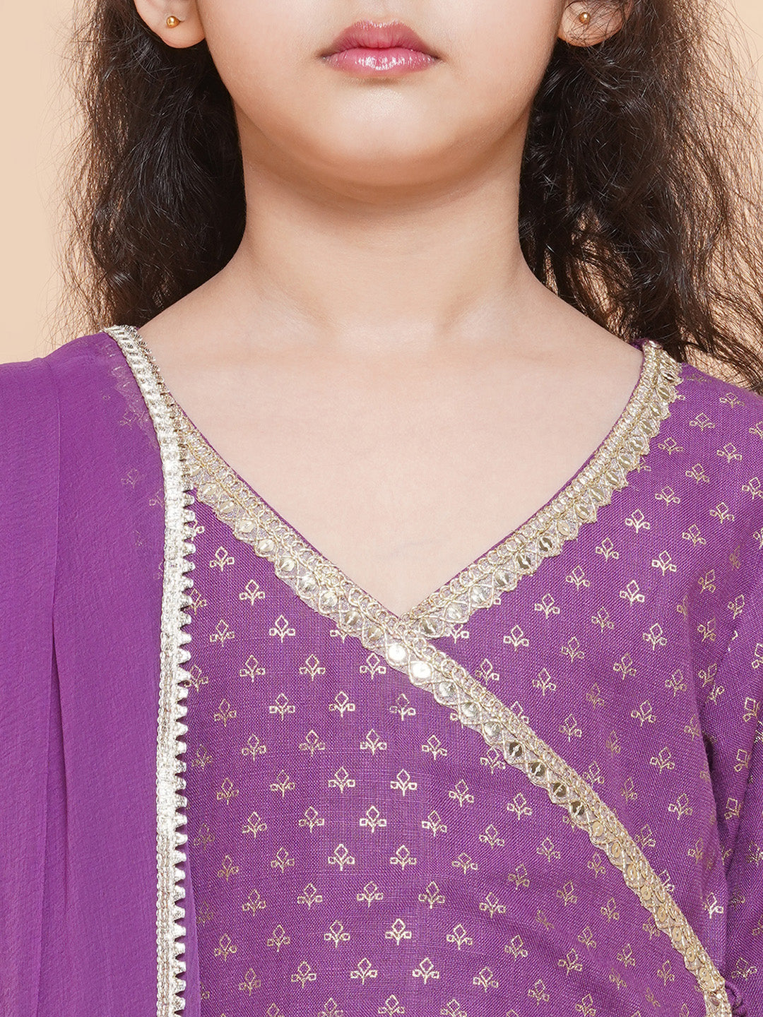 Girls Purple Ethnic Motifs foil Printed Angrakha Kurta with Trouser & Dupatta for Kids - Bhama - Distacart