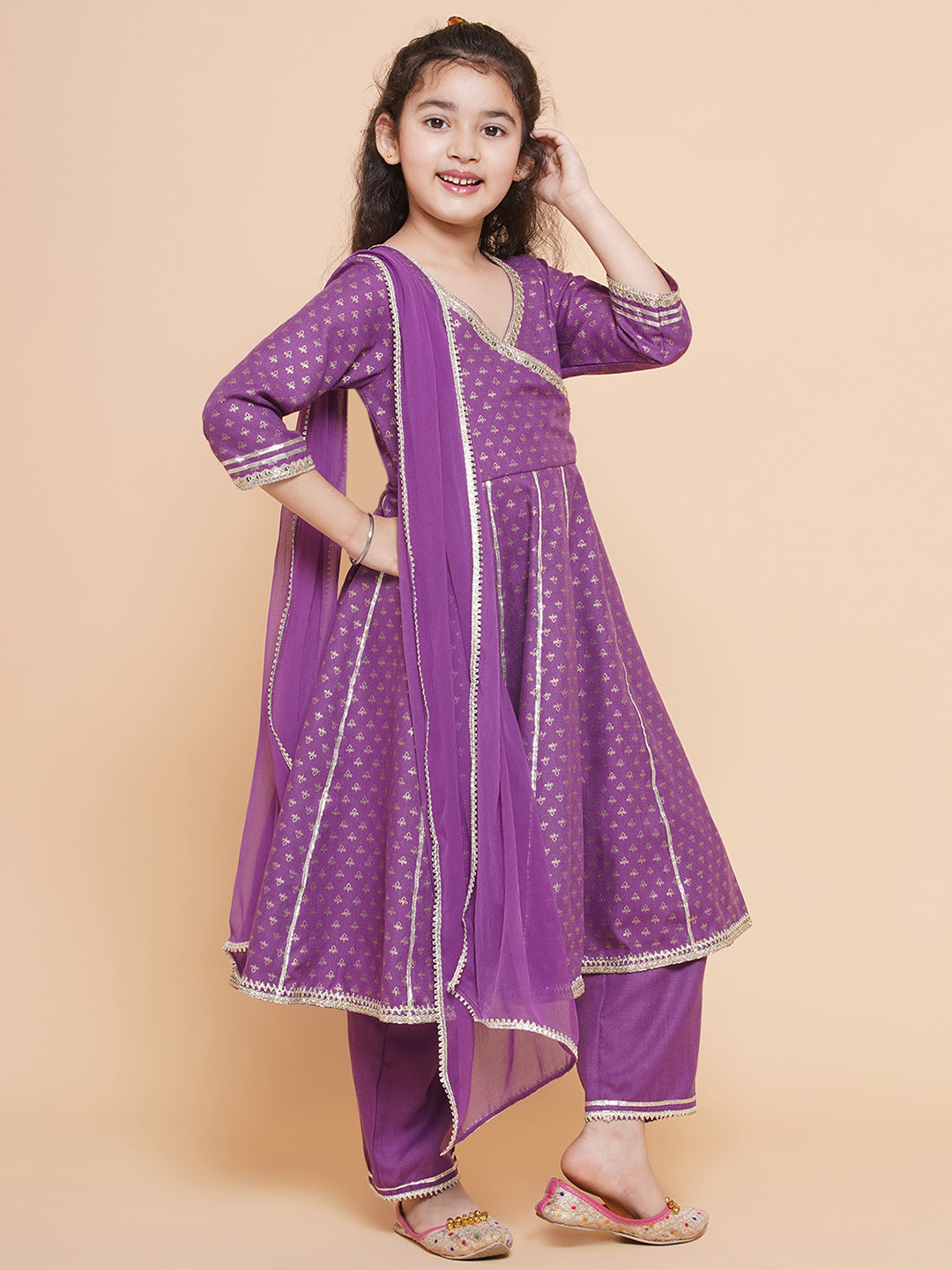 Girls Purple Ethnic Motifs foil Printed Angrakha Kurta with Trouser & Dupatta for Kids - Bhama - Distacart